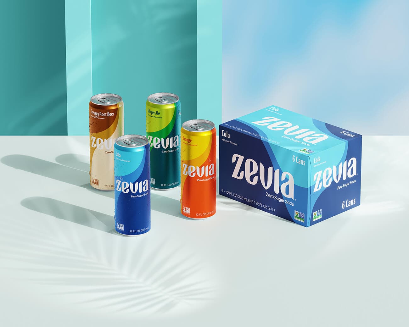 Cans of Zevia Zero Sugar Soda.