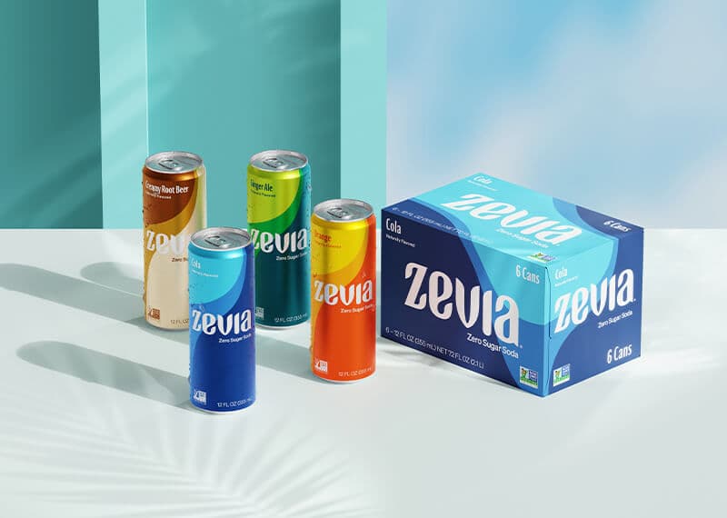 Cans of Zevia Zero Sugar Soda.