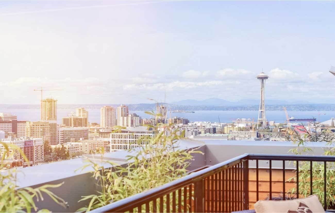The Seattle, Washington skyline as viewed from a balcony.