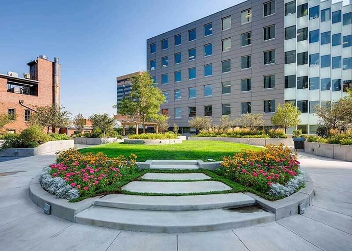Green grassy area in front of the 17th & Larimer building in Denver, Colorado.