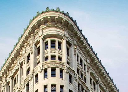 Exterior view looking up at the Boston Building in Salt Lake City, Utah.