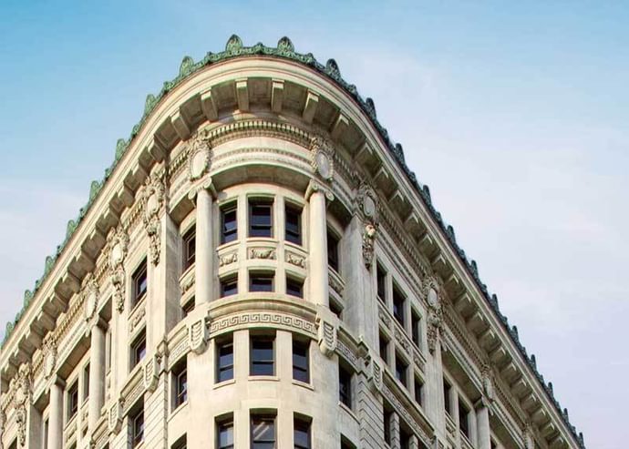 Exterior view looking up at the Boston Building in Salt Lake City, Utah.