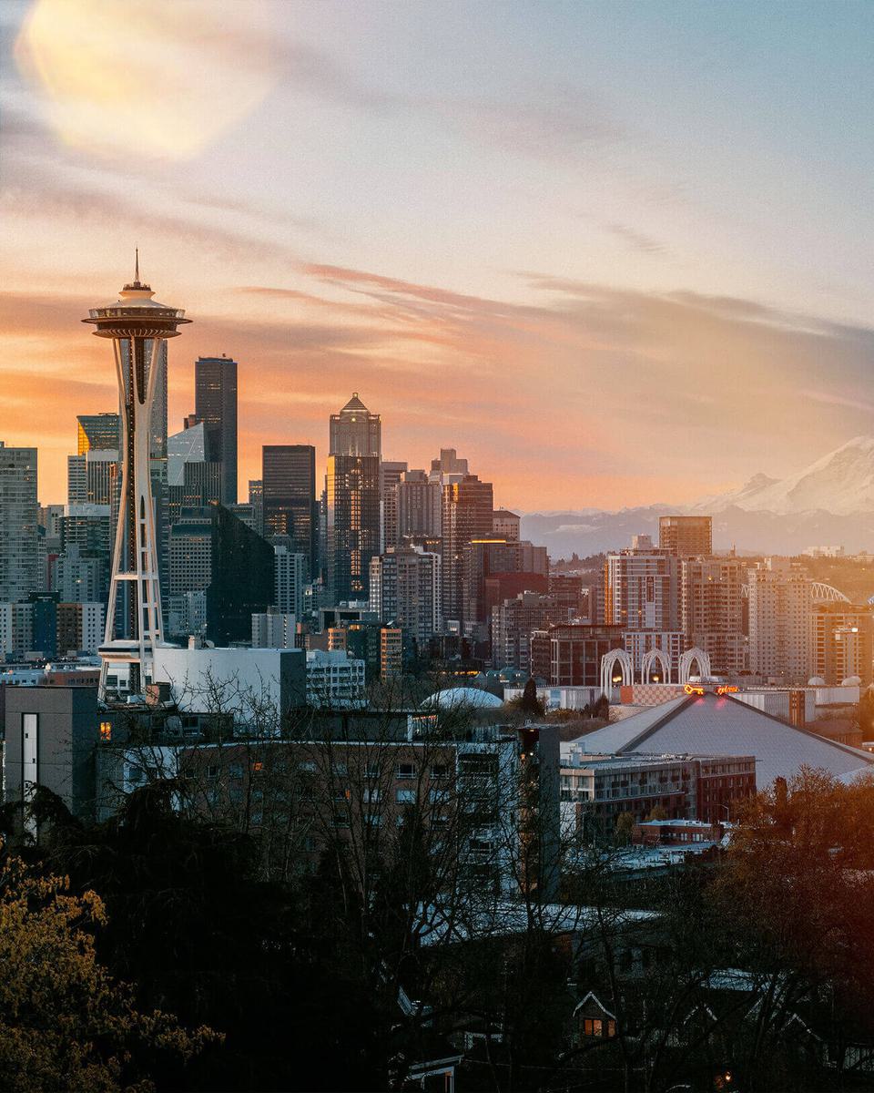 View of the Seattle skyline at sunset.