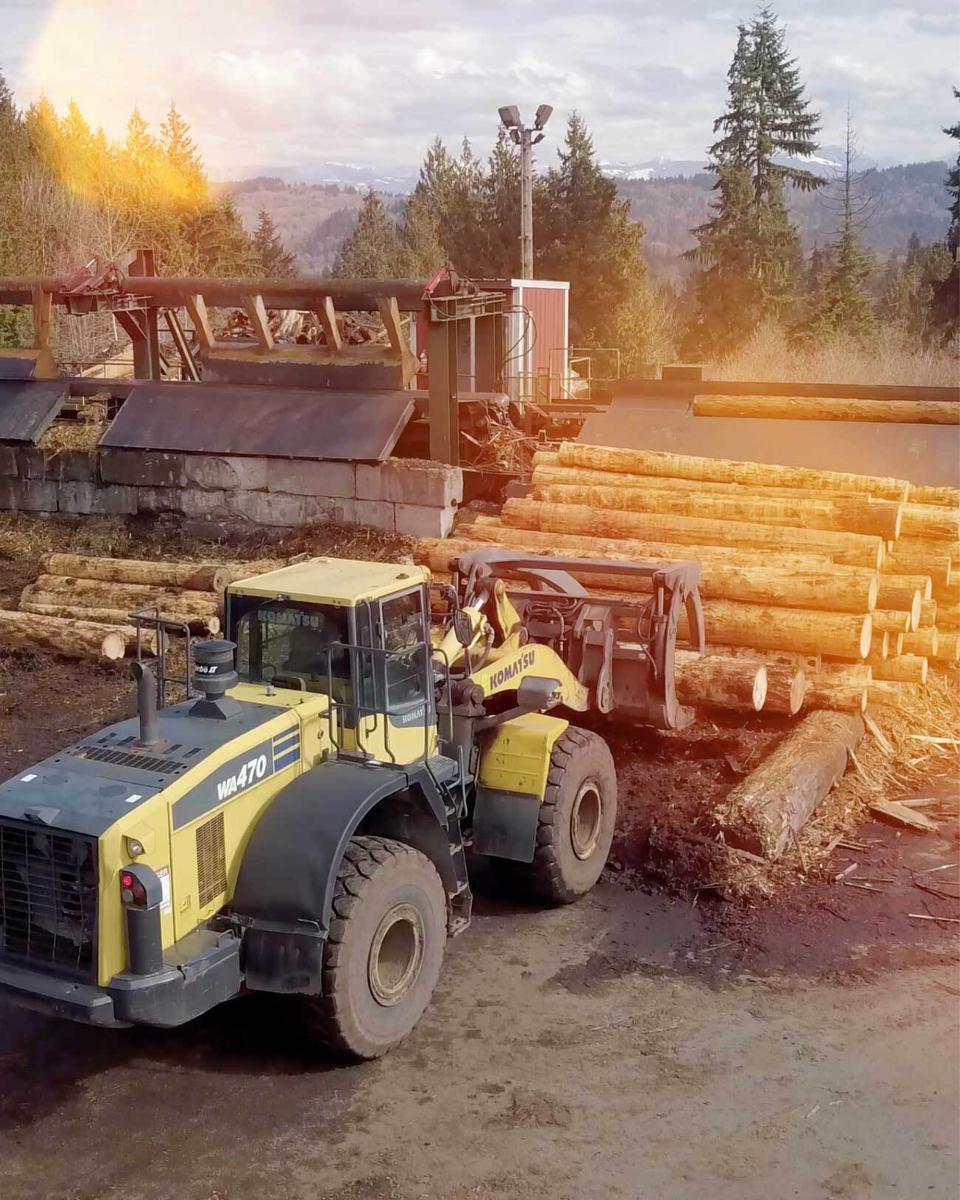A bulldozer moving tree trunks.